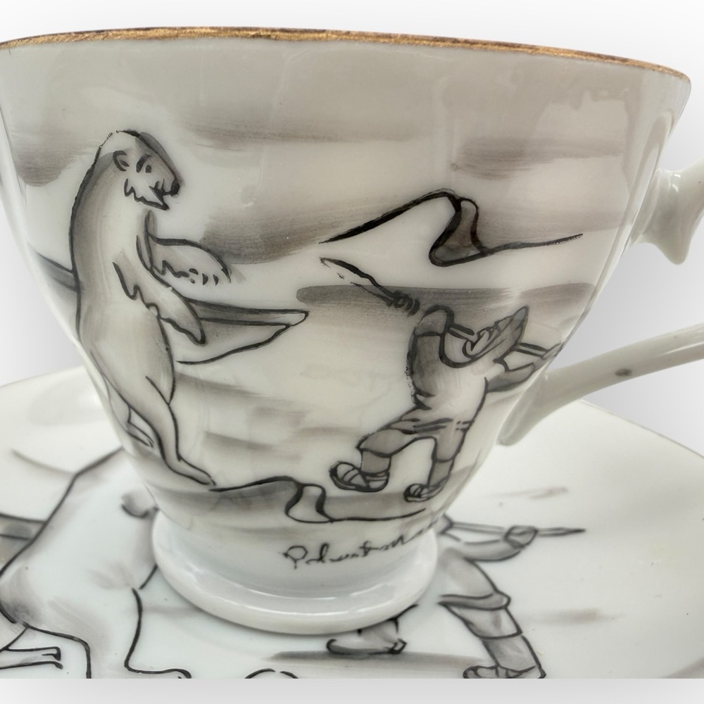 Robert Mayakok‎ Charming Black and White Teacup and saucer with Polar Bear Motif
